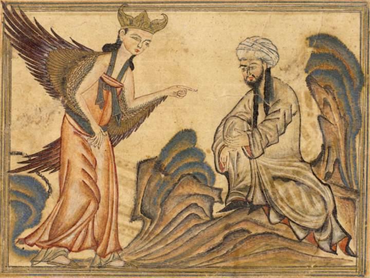 신의 계사를 받는 예언자 무함마드. &#40;출처: Unknown author, 채색화&#40;1307&#41;, Wikimedia Commons, Public Domain&#41;