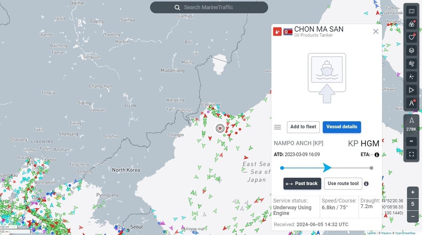 선박위치정보 &#39;마린트래픽&#39;에 나타난 제재 대상 북한 유조선 &#39;천마산호&#39;&#40;마린트래픽 갈무리&#41;