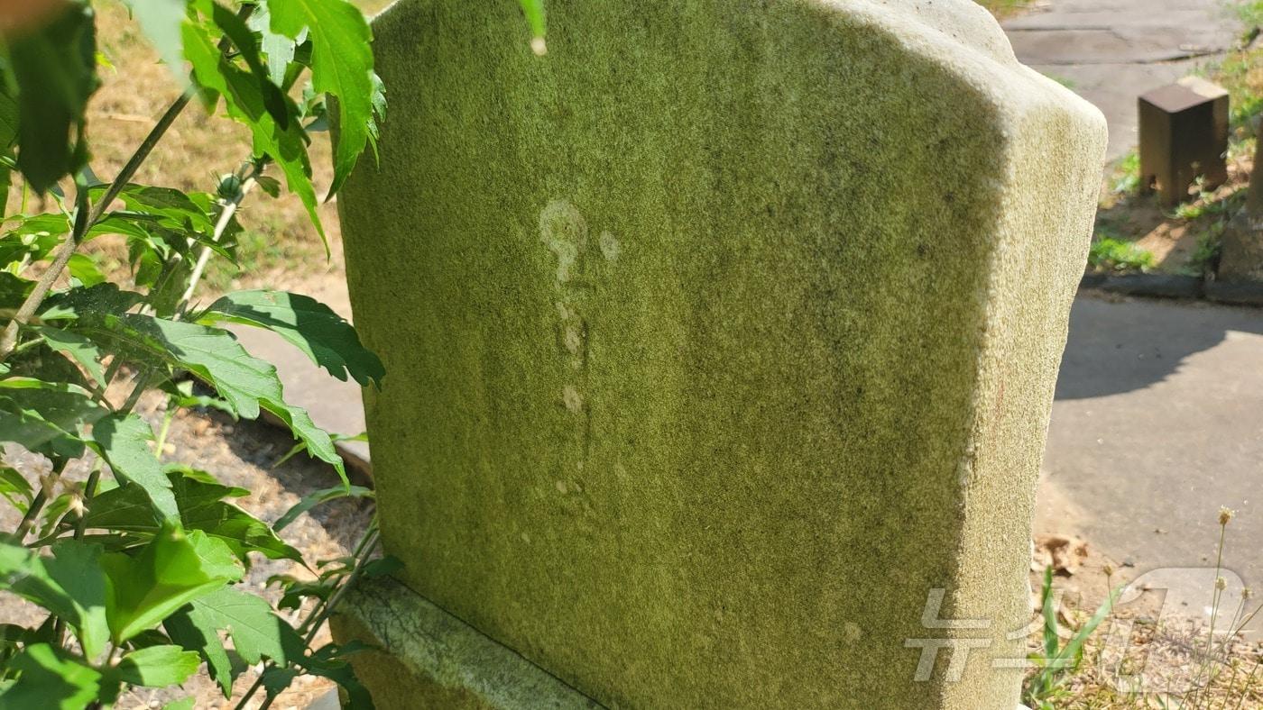 미국에서 태어난 최초의 조선인 이화손의 묘비 뒷면. &#39;조선 니화손&#39;이라는 궁서체의 한글 글귀가 새겨져 있다. 2024.06.30.