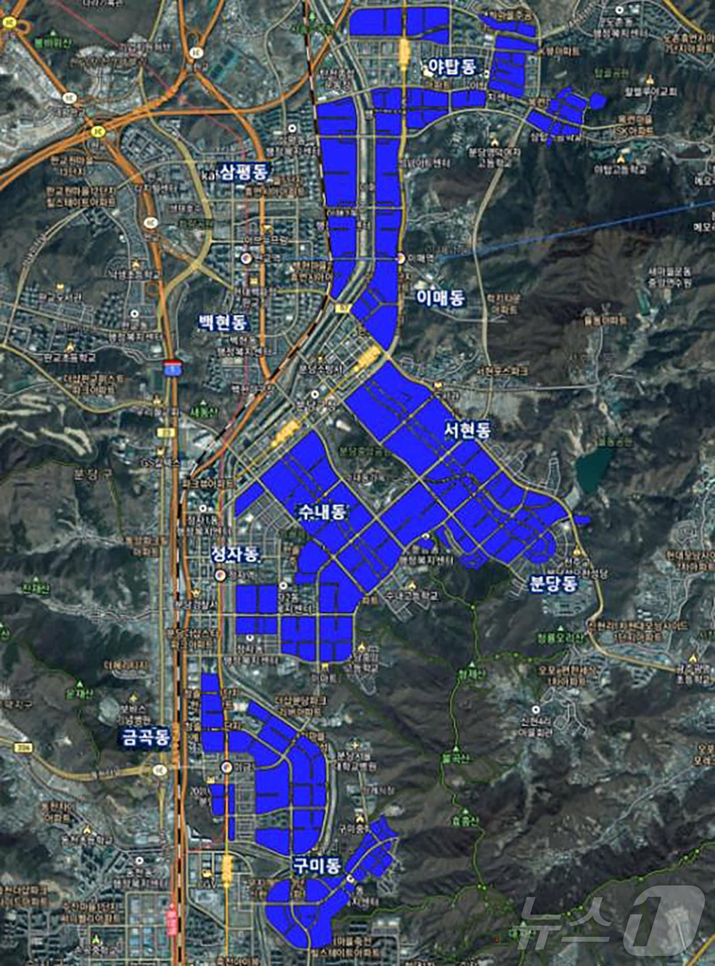 1기 신도시 선도 예정지구인 성남시 분당구 일부지역이 10일부터 오는 12월 31일까지 토지거래허가구역으로 지정됐다. 사진은 토지거래계약 허가구역 지형도면.&#40;성남시 제공&#41;/