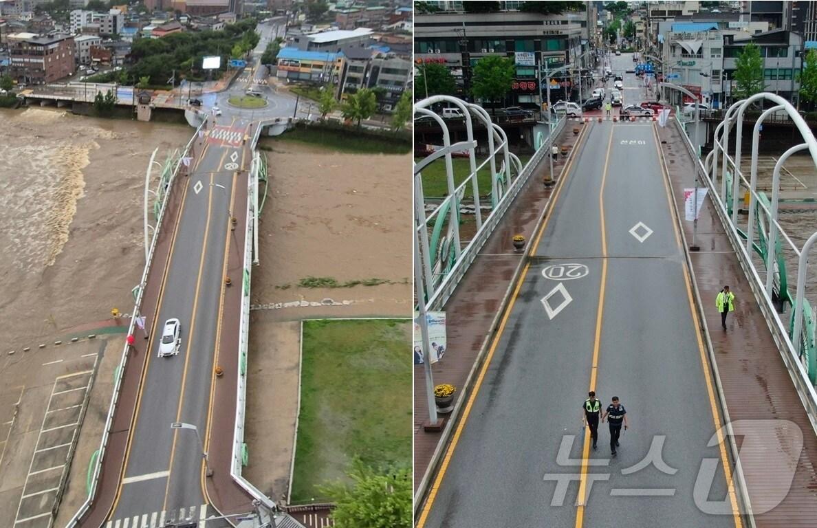 거창교 파손 합성 사진&#40;왼쪽&#41;과 실제 거창교 사진&#40;거창군 제공&#41;.