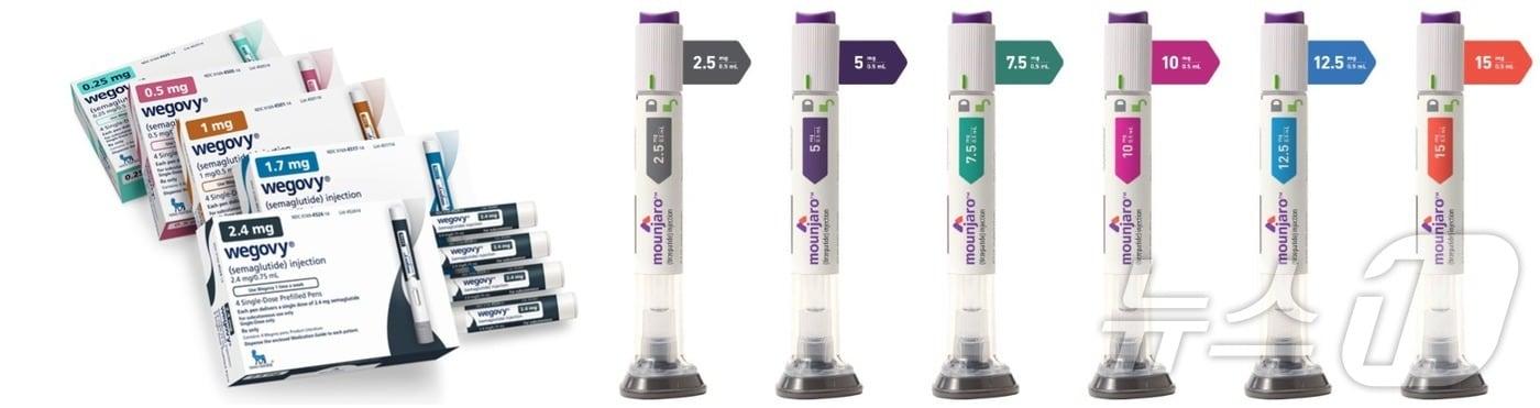 노보 노디스크가 개발한 당뇨·비만 신약 &#39;위고비&#39;&#40;성분명 세마글루타이드&#41;&#40;왼쪽&#41;와 일라이릴리가 개발한 &#39;마운자로&#39;&#40;성분명 터제파타이드&#41;.&#40;노보 노디스크·일라이릴리 제공&#41;/뉴스1 ⓒ News1