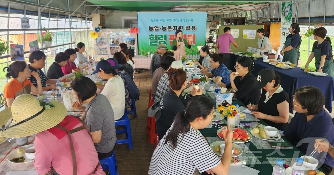 ‘시민공감 힐링 팜파티’에서 참가자들이 직접 딴 옥수수를 먹으며 담소를 나누고 있다. &#40;계룡시 제공&#41; /뉴스1 