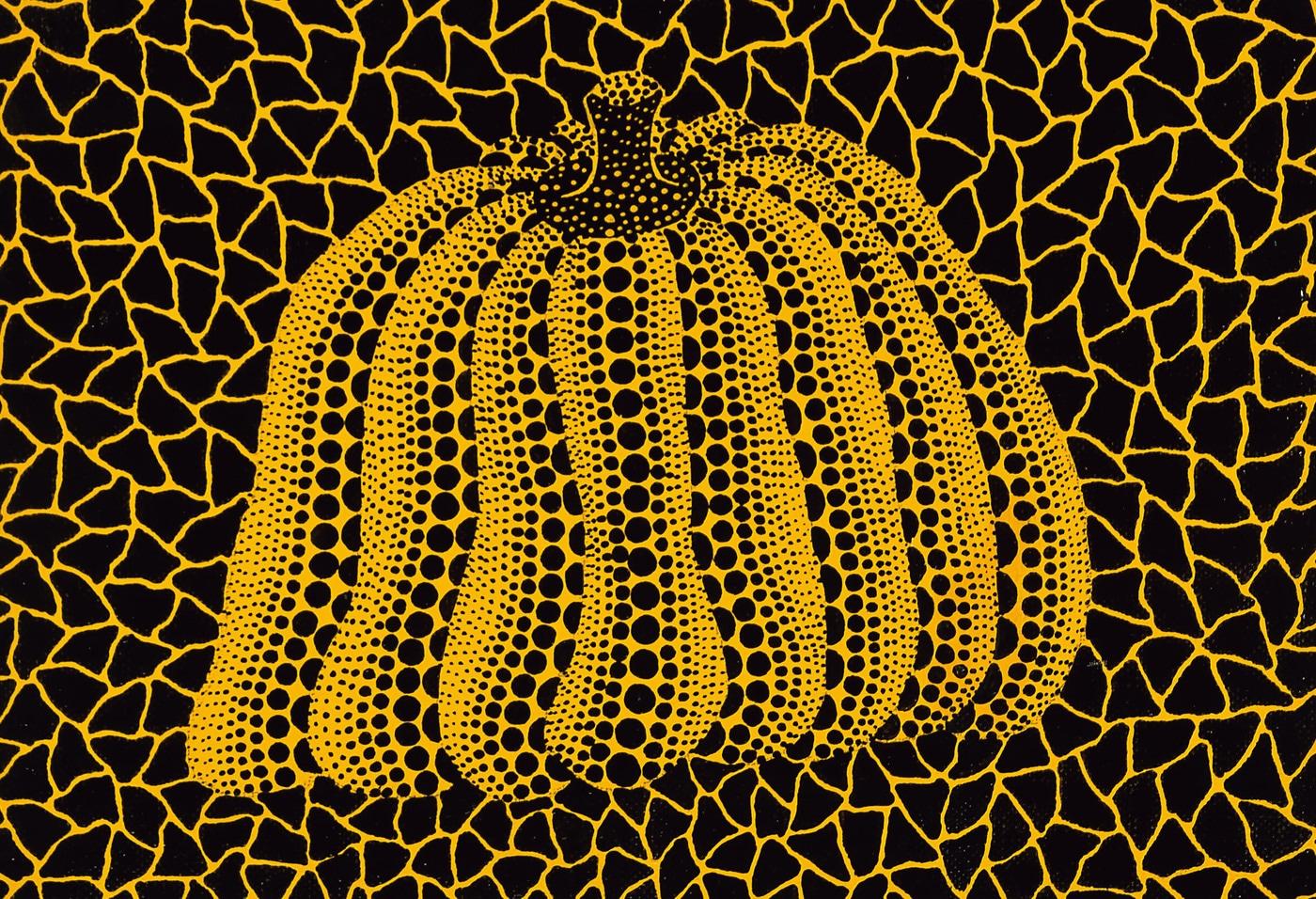 Lot. 43, 야요이 쿠사마, 1929 - , Japanese, [Pumpkin], acrylic on canvas, 15.5&times;22.5cm, 1991, 7억원-10억원. 서울옥션 제공.