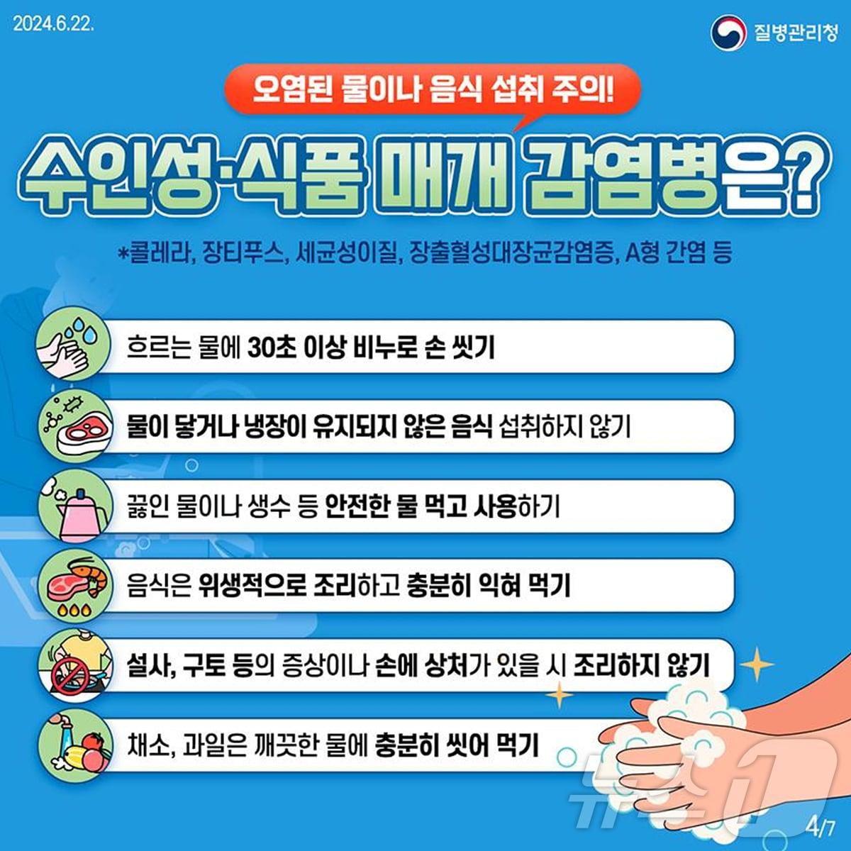 본격적인 무더위와 함께 장마가 시작되면서 세균성 감염병이 퍼지고 있어 주의가 요구된다.  이미지는 세균성 감염병 예방수칙 관련 자료. &#40;대구시 제공&#41;/뉴스1