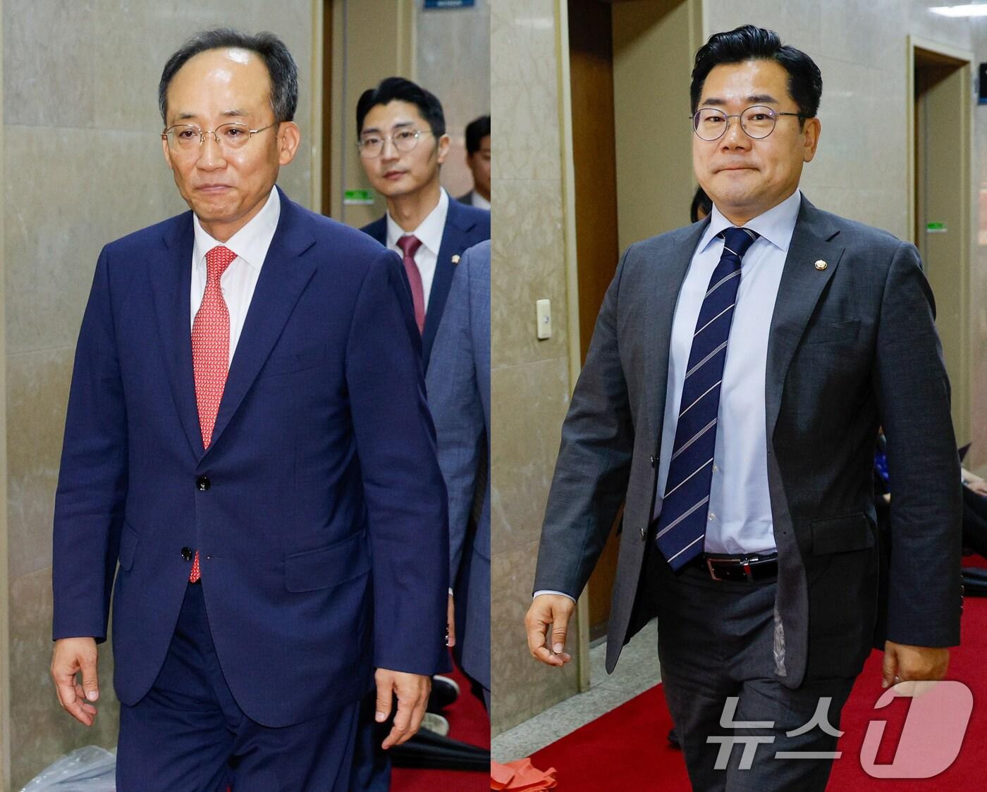 추경호 국민의힘 원내대표&#40;왼쪽&#41;와 박찬대 더불어민주당 원내대표가 2일 오전 서울 여의도 국회에서 여야 원내대표 회동을 위해 의장실로 향하고 있다. 2024.7.2/뉴스1 ⓒ News1 안은나 기자