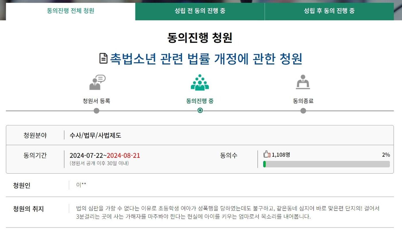 세종 초등생 성추행과 관련 촉법소년법 개정을 요구하는 청원 글. &#40;국회 국민동의청원 게시판 캡처&#41; / 뉴스1 