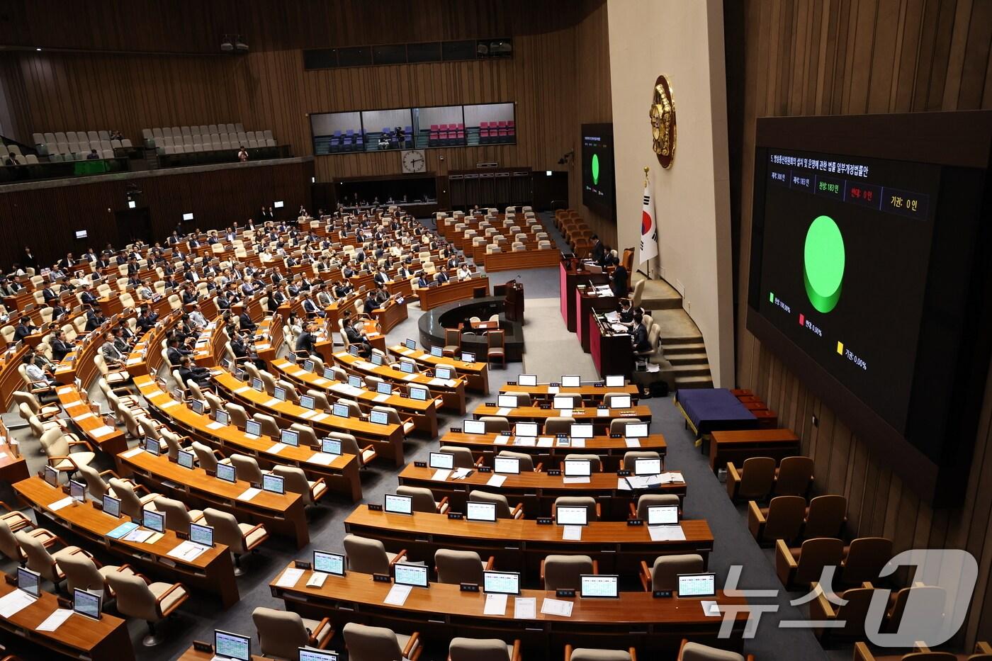 26일 오후 서울 여의도 국회에서 열린 본회의에서 방송통신위원회의 설치 및 운영에 관한 법률 일부개정법률안이 가결되고 있다. 2024.7.26/뉴스1 ⓒ News1 구윤성 기자