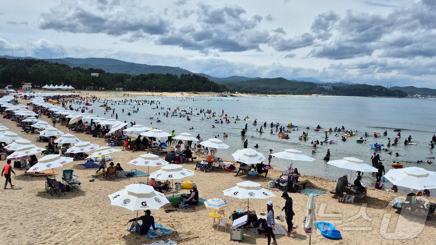 28일 강원 양양군 현남면 남애리의 남애3리해수욕장이 물놀이를 즐기러 온 가족과 연인, 친구 단위 피서객들로 가득차 있다. 이날 양양지역 20곳의 해수욕장에는 3만1000여명의 인파가 몰렸다.&#40;양양군 제공&#41;/뉴스1