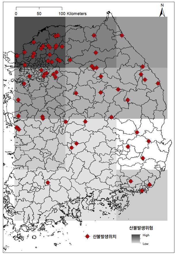 지역별 상대적 산불위험도 및 실제 산불발생 패턴&#40;2024.4월&#41; &#40;산림청 국립산림과학원 제공&#41;/뉴스1 