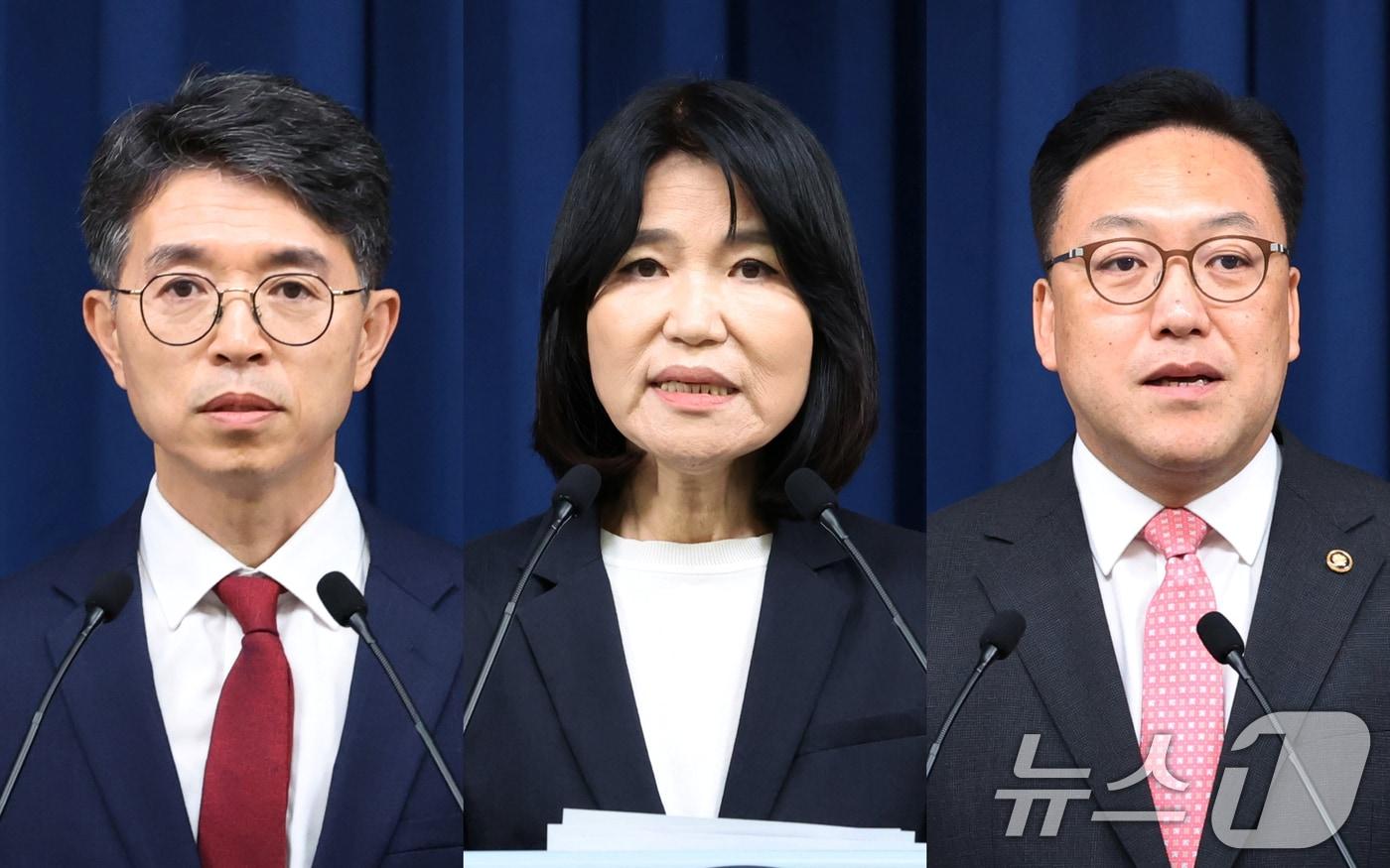 김완섭 환경부장관 후보자&#40;왼쪽부터&#41;, 이진숙 방송통신위원장 후보자, 김병환 금융위원장 후보자가 4일 용산 대통령실 청사 브리핑실에서 열린 인사브리핑에서 지명 소감을 말하고 있다. 2024.7.4/뉴스1 ⓒ News1 송원영 기자