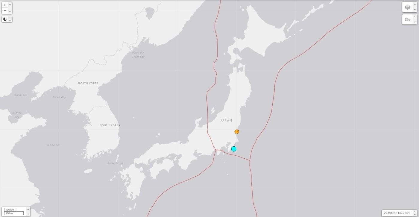 4일 일본 지바현 연안에서 발생한 지진의 진원지가 하늘색 원으로 표시된 USGS의 지진도 갈무리. 2024.07.04/