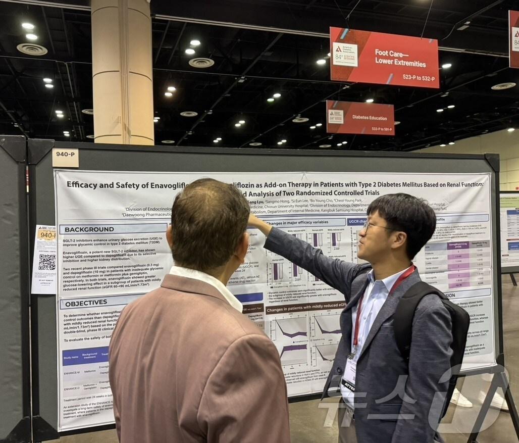 조선대학교 병원 류영상 교수&#40;오른쪽&#41;가 미국 당뇨병 학회에서 대웅제약 엔블로의 다파글리플로진 대비 경증 신장애 동반 당뇨병 환자 대상 우수한 혈당 강하 효과에 대한 연구 결과 포스터를 해외 의료진에게 소개하고 있다.&#40;대웅제약 제공&#41;