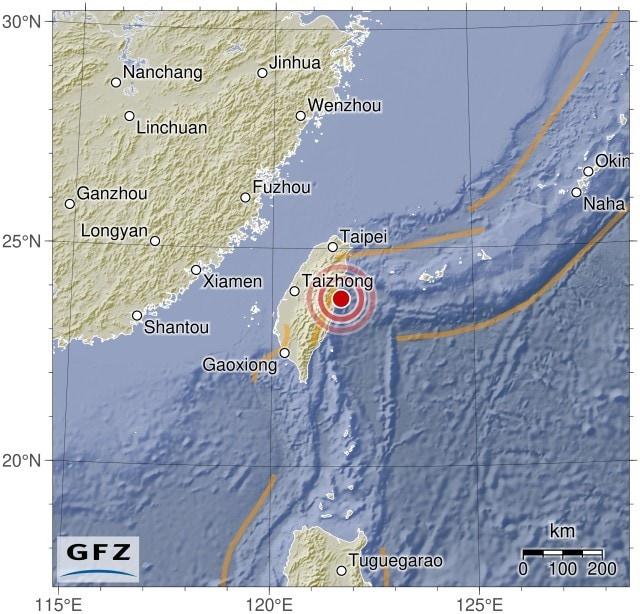 16일 GFZ가 관측한 대만 지진의 진원을 표시한 지도 갈무리. 2024.08.16/