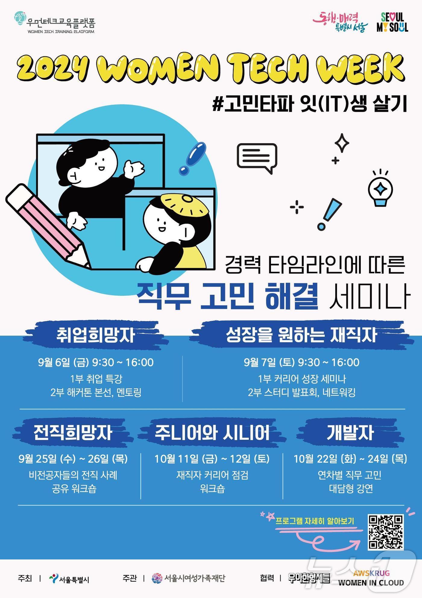  2024 우먼테크-위크&#40;Women Tech Week&#41; #고민타파 잇&#40;IT&#41;생살기&#39; 행사 포스터.