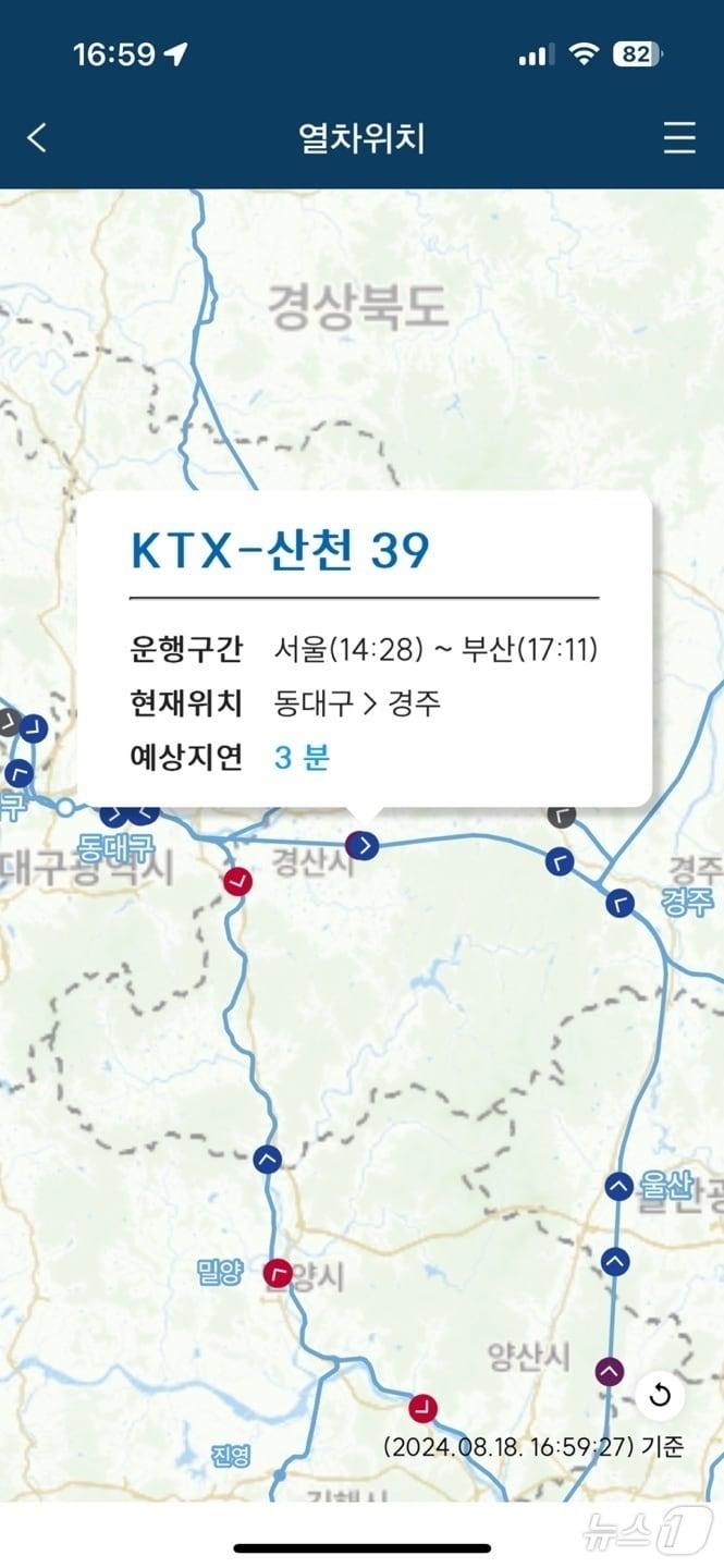 18일 오후 4시 38분쯤 승객 384명을 태우고 서울에서 부산으로 향하던 KTX 산천 열차가 동대구에서 신경주역으로 운행하던 중 바퀴가 빠져 비상 정차했다. 이미지는 사고 지점. &#40;코레일 제공&#41; 2024.8.18/뉴스1