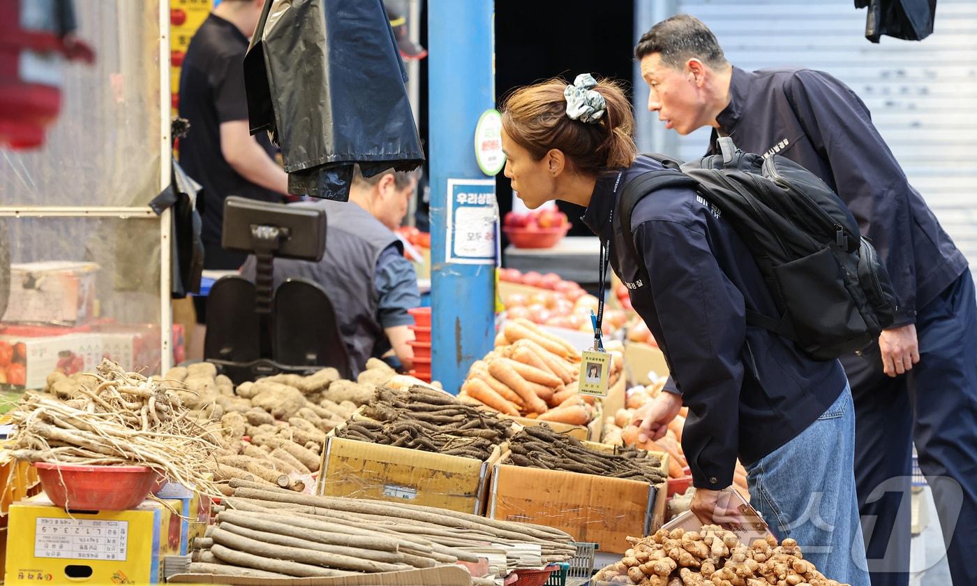 국립농산물품질관리원 원산지 관리팀 직원들이 19일 서울 동대문 경동시장에서 원산지 표시를 점검하고 있다. 2024.8.19/뉴스1 ⓒ News1 김도우 기자