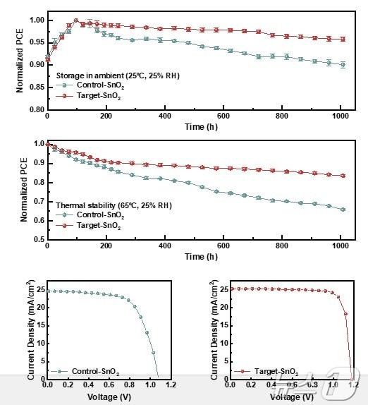 장기 안정성&#40;25 ℃, 25% RH&#41;과 열 안정성 &#40;25 ℃&#41; 시험 결과 및 소자의 효율 그래프. &#40;UNIST 제공&#41;