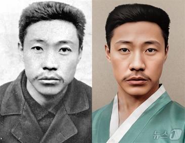 국가보훈부와 빙그레가 제79주년 광복절을 맞아 일제강점기 빛바랜 수의&#40;囚衣&#41;를 입고 옥중 순국한 독립유공자들에게 AI기술을 활용해 한복을 입혀드리는 &#39;처음 입는 광복&#39; 캠페인을 추진한다고 2일 밝혔다. 사진은 독립운동가 안중근의 원본&#40;왼쪽&#41;과 AI를 활용해 복원된 이미지. &#40;국가보훈부 제공&#41; 2024.8.2/뉴스1