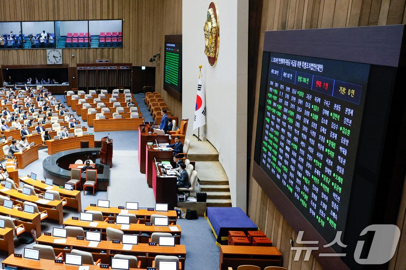 2일 오후 서울 여의도 국회에서 열린 본회의에서 2024년 민생회복지원금 지급을 위한 특별조치법안&#40;대안&#41;이 재적 300인, 재석 187인 중 찬성 186인, 반대 1인으로 통과되고 있다. 2024.8.2/뉴스1 ⓒ News1 안은나 기자