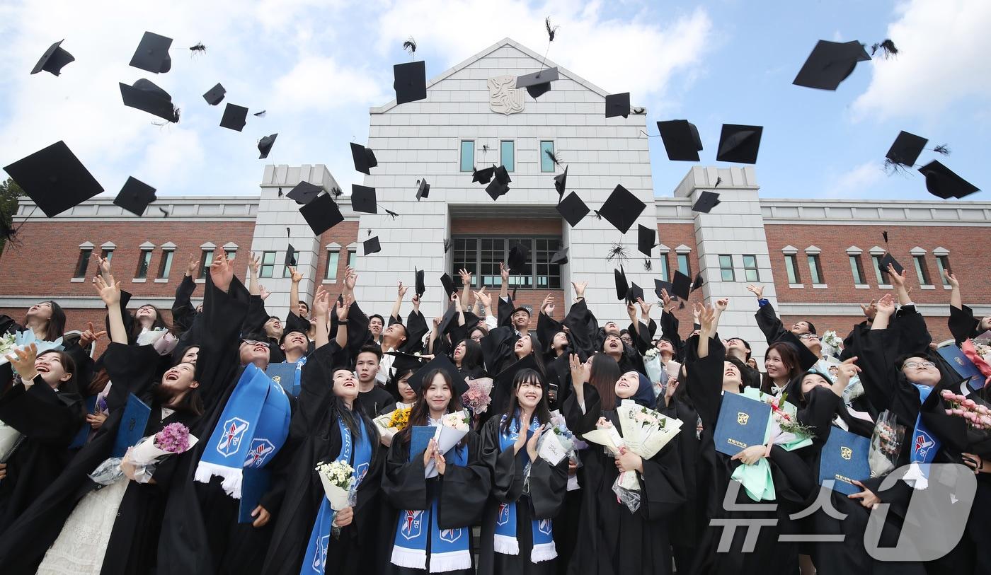 20일 오전 대구 달서구 계명대학교 성서캠퍼스에서 열린 &#39;2023학년도 후기 학위수여식&#39;을 마친 외국인 유학생들이 학사모를 던지며 졸업을 자축하고 있다. 2024.8.20/뉴스1 ⓒ News1 공정식 기자