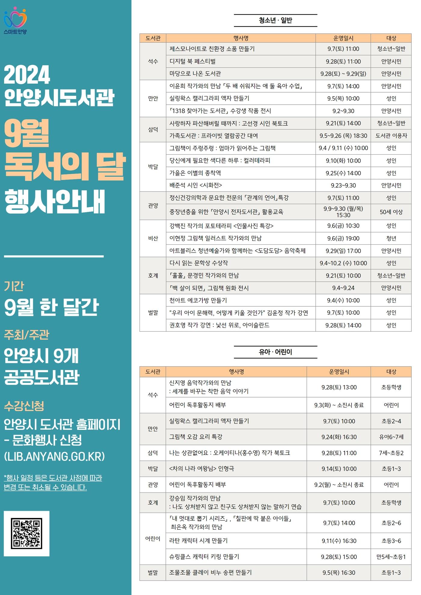 석수·박달도서관 등 경기 안양시의 9개 공공도서관이 9월 ‘독서의 달’을 맞아 한 달간 다채로운 독서문화 프로그램을 운영한다..&#40;안양시 제공&#41;/ 