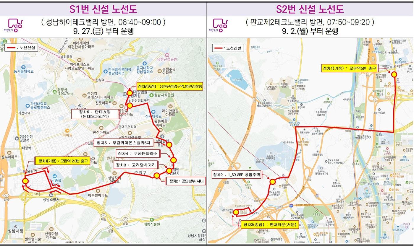 경기 성남시가 신설하는 출근전용 급행 버스 S1·S2 노선도.&#40;성남시 제공&#41;/