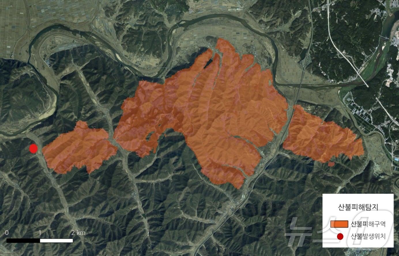  산불피해지 및 피해강도 등급 분류 기술 활용 결과, 2020년도 경북 안동 산불 사례&#40;산림청 국립산림과학원 제공&#41;/뉴스1 