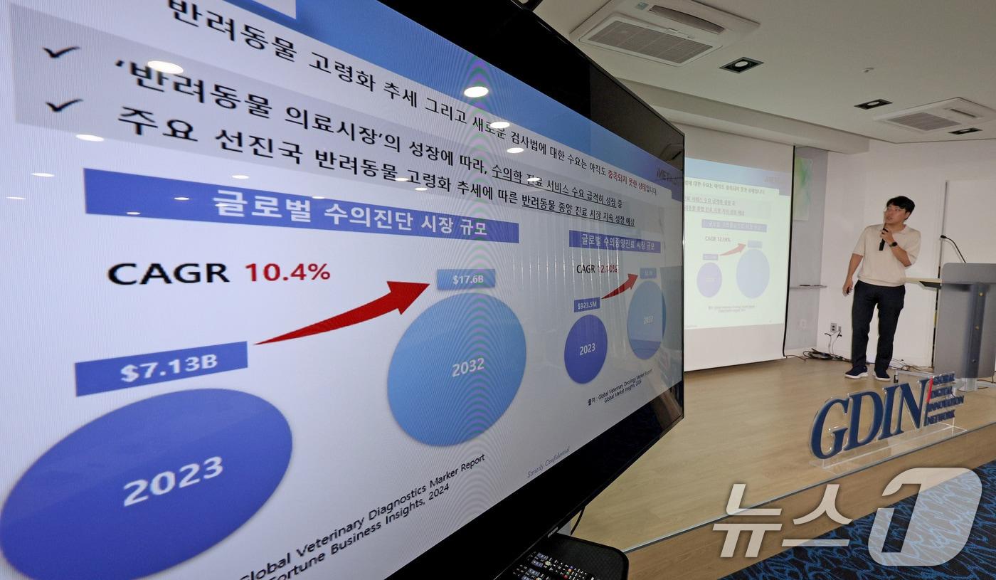 김진욱 메타디엑스 대표가 23일 오후 경기 성남시 글로벌디지털혁신네트워크에서 열린 &#39;반려동물 산업 육성 협의회&#39; 제5회 IR데이&#39;에서 발표하고 있다. 2024.8.23/뉴스1 ⓒ News1 장수영 기자