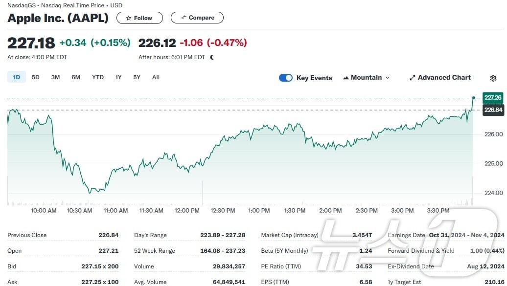 애플 일일 주가추이 - 야후 파이낸스 갈무리