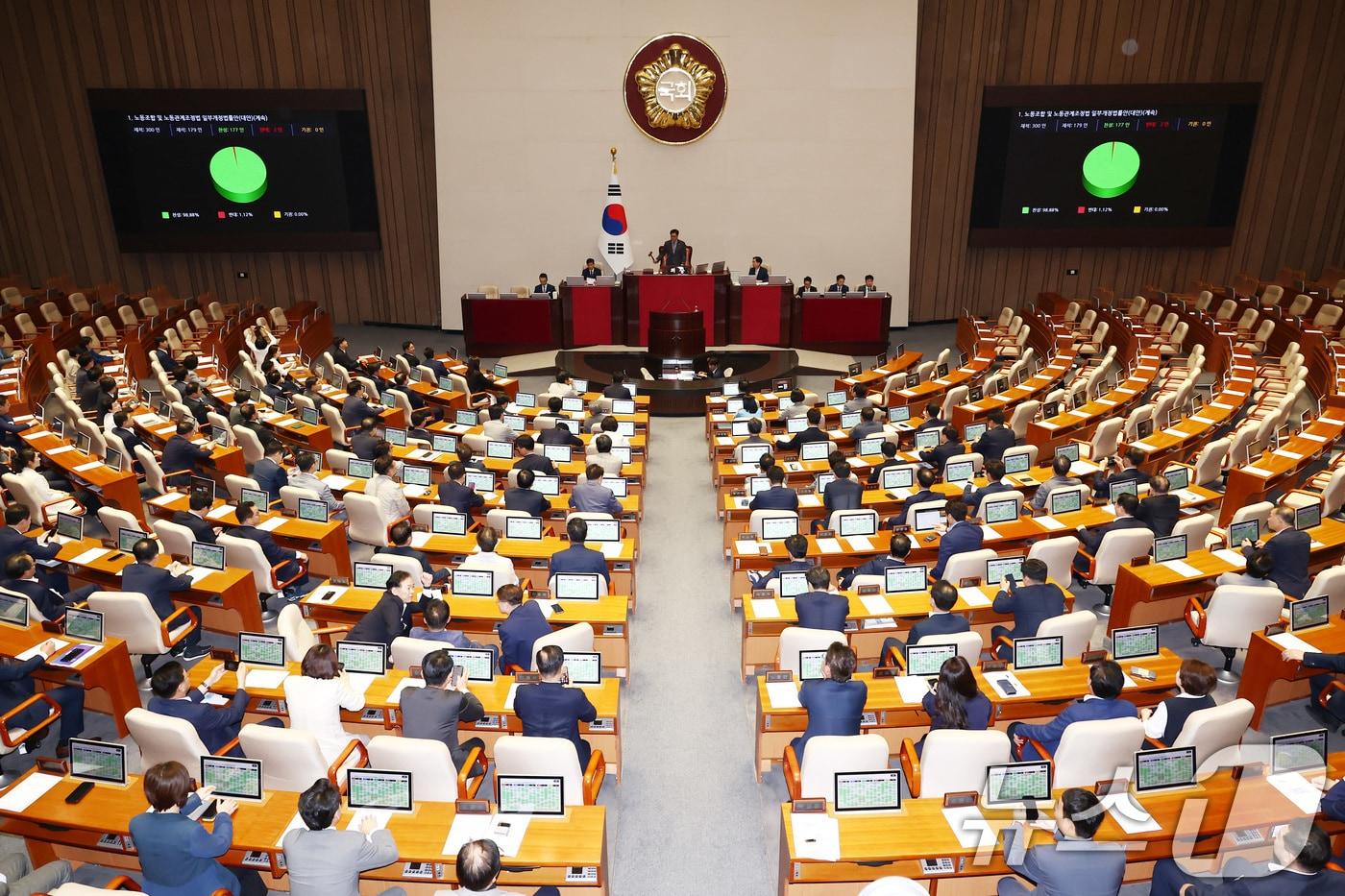 5일 오후 서울 여의도 국회에서 열린 제417회 국회&#40;임시회&#41; 제1차 본회의에서 노동조합 및 노동관계조정법 개정안&#40;노란봉투법&#41;이 재적 300인 중 재석 179인, 찬성 177, 반대 2인으로 통과되고 있다. 2024.8.5/뉴스1 ⓒ News1 김민지 기자