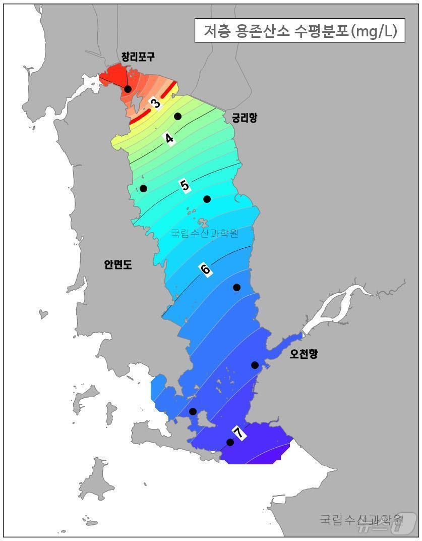 천수만 내 산소부족물덩어리 발생 현황&#40;수과원 제공&#41;