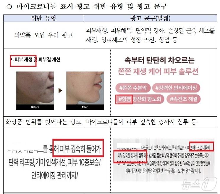 마이크로니들 표방 표시·광고 위반 유형 및 광고 문구&#40;식품의약품안전처 제공&#41;