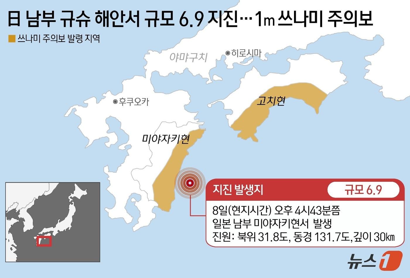 8일 일본 기상청에 따르면 이날 오후 4시43분께 일본 남부 미야자키현에서 규모 7.1의 지진이 발생했다. 진앙은 북위 31.8도, 동경 131.7도로. 지진의 깊이는 30㎞다. ⓒ News1 윤주희 디자이너