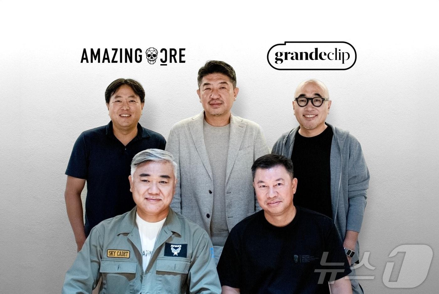 그란데클립과 어메이징크리 주요 임원진. 윗줄 왼쪽부터 오문석 알토스벤처스 상무, 인기완 그란데클립코리아 대표, 김봉진 그란데클립 의장. 아랫줄 왼쪽부터 배슬기 어메이징크리 대표, 유용문 대표&#40;그란데클립 제공&#41;