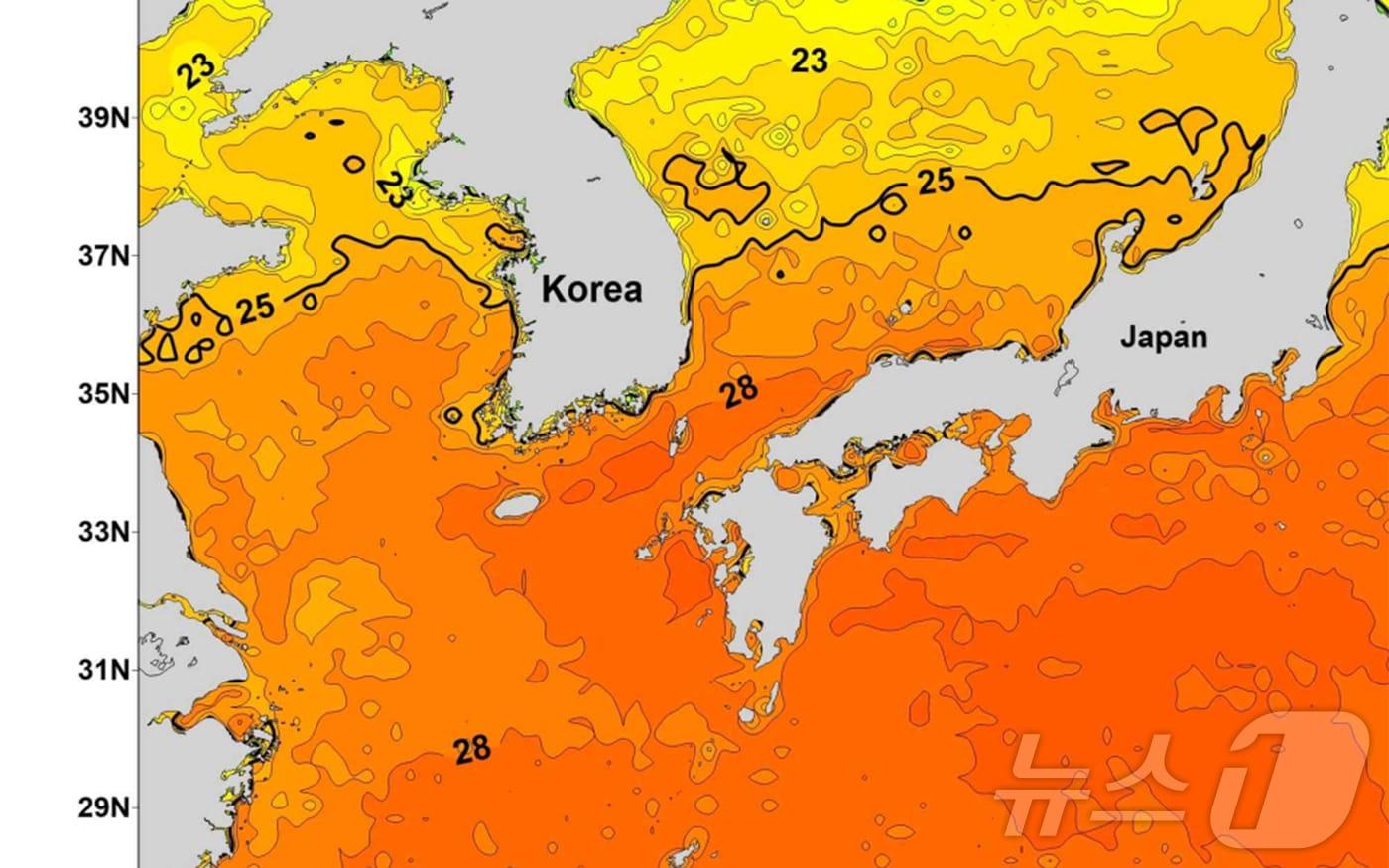 19일 현재 고수온 인공위성 영상. &#40;국립수산과학원 홈페이지 갈무리&#41; 2024.9.19/뉴스1 