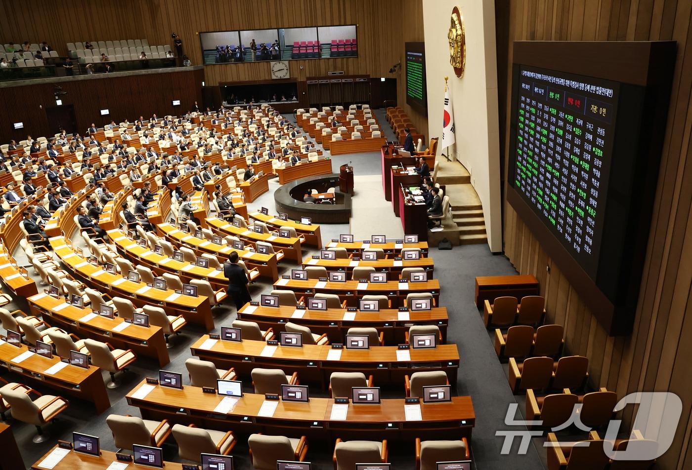 19일 오후 서울 여의도 국회에서 열린 제418회국회&#40;정기회&#41; 제8차 본회의에서 윤석열 대통령 배우자 김건희의 주가조작 사건 등의 진상규명을 위한 특별검사 임명 등에 관한 법률안&#40;대안, 김건희 특검법&#41;이 국민의힘 불참 속에 재적 300인, 재석 167인 중 찬성 167인으로 통과되고 있다. 2024.9.19/뉴스1 ⓒ News1 김민지 기자