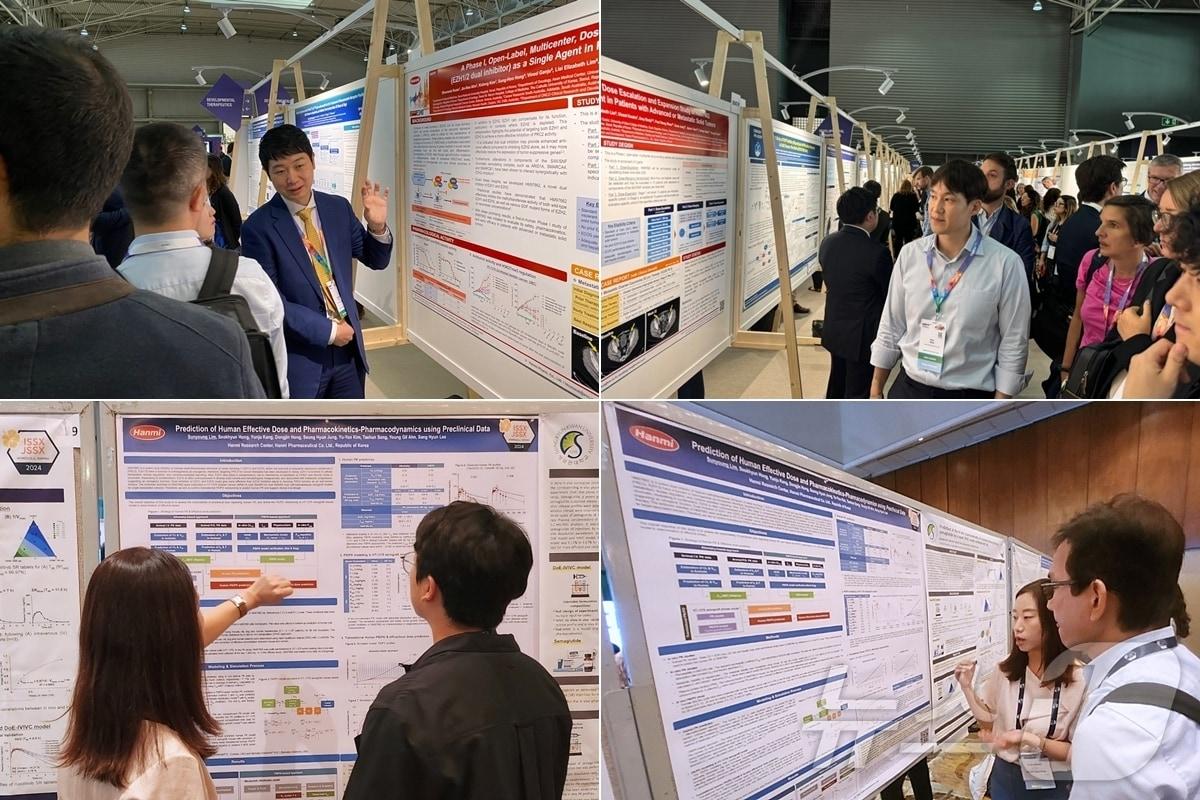 한미약품 ONCO임상팀 노영수 이사&#40;왼쪽 위&#41;와 이동준 연구원&#40;오른쪽 위&#41;이 유럽종양학회&#40;ESMO Congress 2024&#41;에서, R&D센터 임선영 그룹장&#40;아래&#41;은 세계약물연구학회&#40;ISSX&#41;에서 차세대 EZH1/2 이중 저해제&#40;HM97662&#41;의 연구 현황이 담긴 포스터 내용을 설명하고 있다.&#40;한미약품 제공&#41;/뉴스1 ⓒ News1