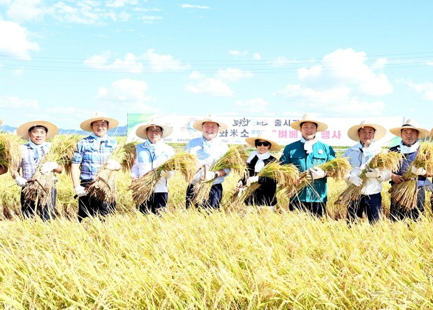 8월30일 평원벼를 재배하는 파주시 장단면의 논에서 김경일 파주시장과 박대성 파주시의회 의장 등 시의회 의원들이 벼베기 체험을 하며 ‘평화미소’의 성공적 첫 출시를 축하하고 있다. &#40;파주시 제공&#41;