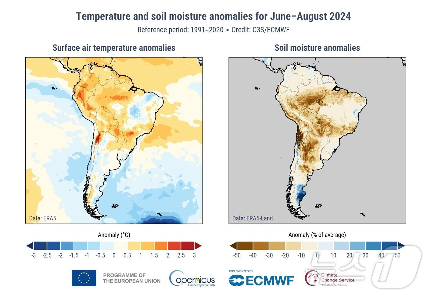 1991~2020년의 남미 지표면 온도 상승 양상&#40;왼쪽&#41;과 토양 수분도 ⓒ 뉴스1