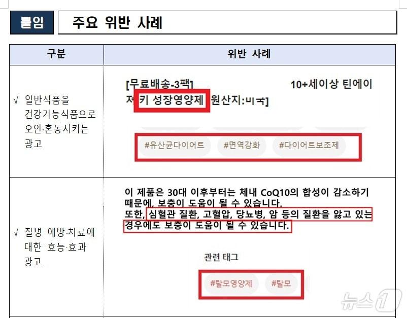 주요 위반 사례&#40;식품의약품안전처 제공&#41;