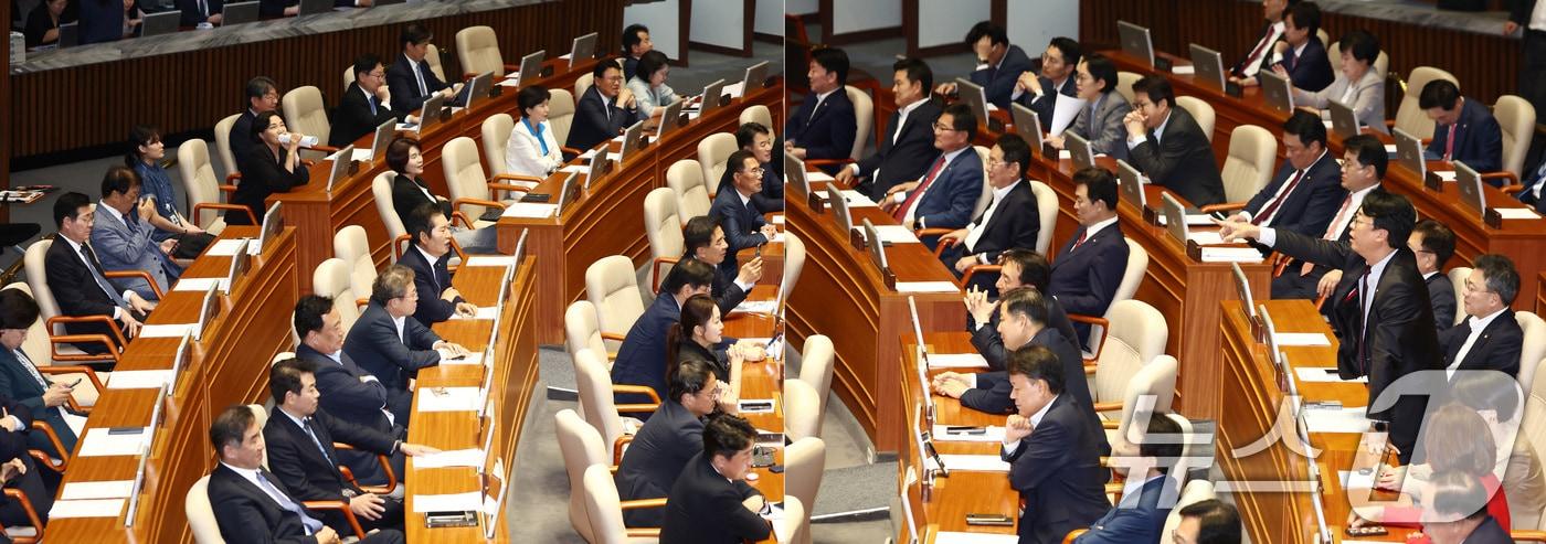 26일 오후 서울 여의도 국회에서 열린 본회의에서 박성준 더불어민주당 원내수석부대표의 의사진행 발언이 진행되고 있는 가운데 국민의힘 의원들이 &#34;사기꾼＂이라며 항의하고 있는 모습&#40;오른쪽&#41;과 더불어민주당 의원들은 ＂윤석열＂을 외치며 맞서고 있는 모습. 2024.9.26/뉴스1 ⓒ News1 김민지 기자