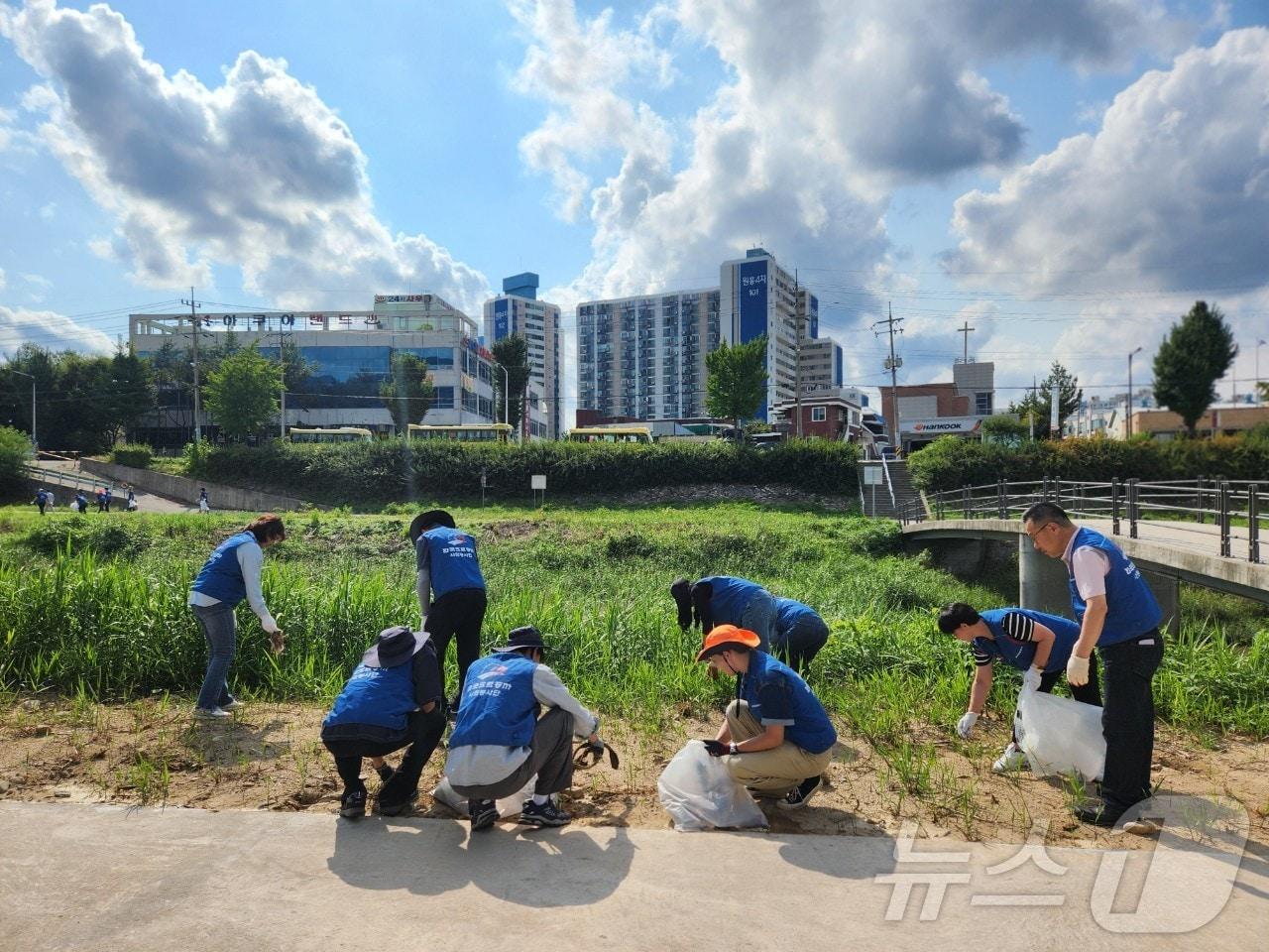 한국도로공사 강원본부 직원 20명이 26일 강원 원주천 일대에서 플로깅 봉사활동을 펼치는 모습. &#40;한국도로공사 강원본부 제공&#41; 2024.9.26/뉴스1