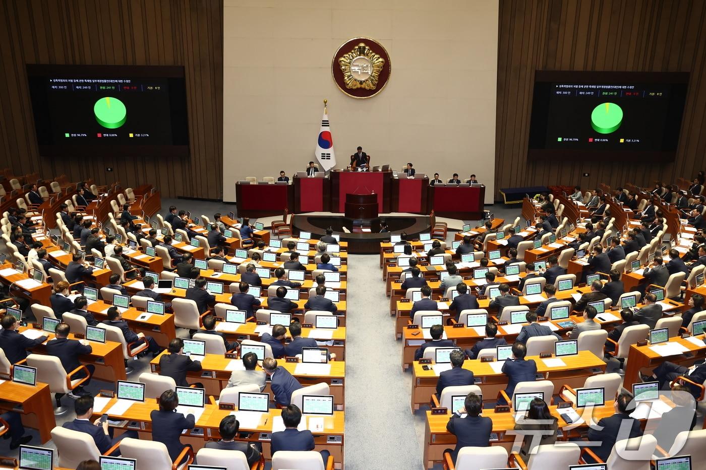 26일 오후 서울 여의도 국회에서 열린 본회의에서 딥페이크 성 착취물을 소지·시청하면 3년 이하 징역 또는 3천만원 이하 벌금에 처하는 내용을 담은 &#39;성폭력범죄처벌특례법&#40;성폭력처벌법&#41; 개정안&#39;이 통과되고 있다. 2024.9.26/뉴스1 ⓒ News1 김민지 기자