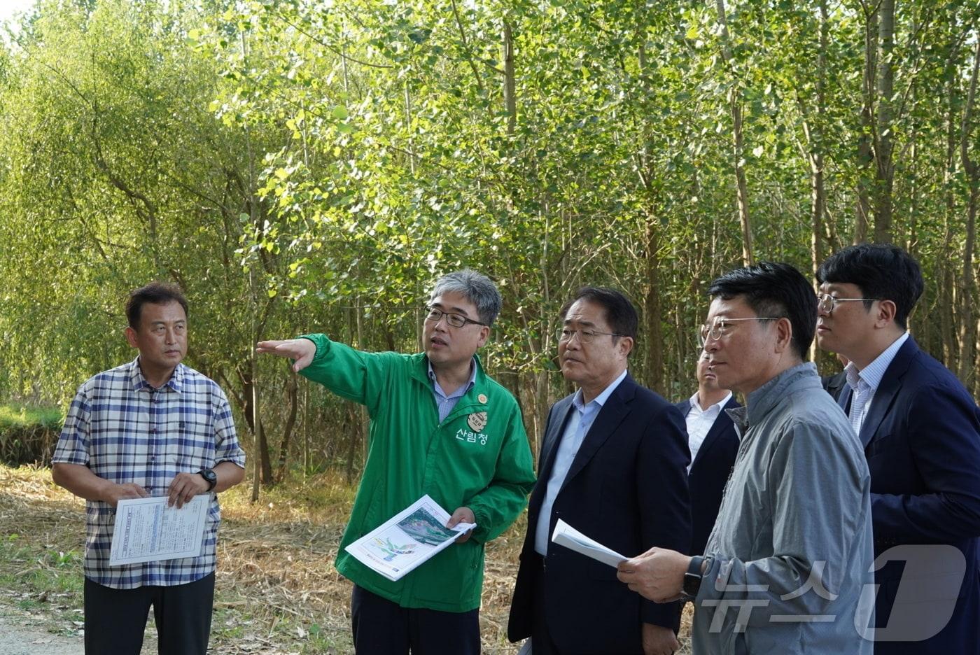 임상섭 산림청장&#40;녹색상의&#41;과 장태평 위원장&#40;가운데&#41;이 새만금 간척지 시범조림지를 점검중이다.&#40;산림청 제공&#41;/뉴스1