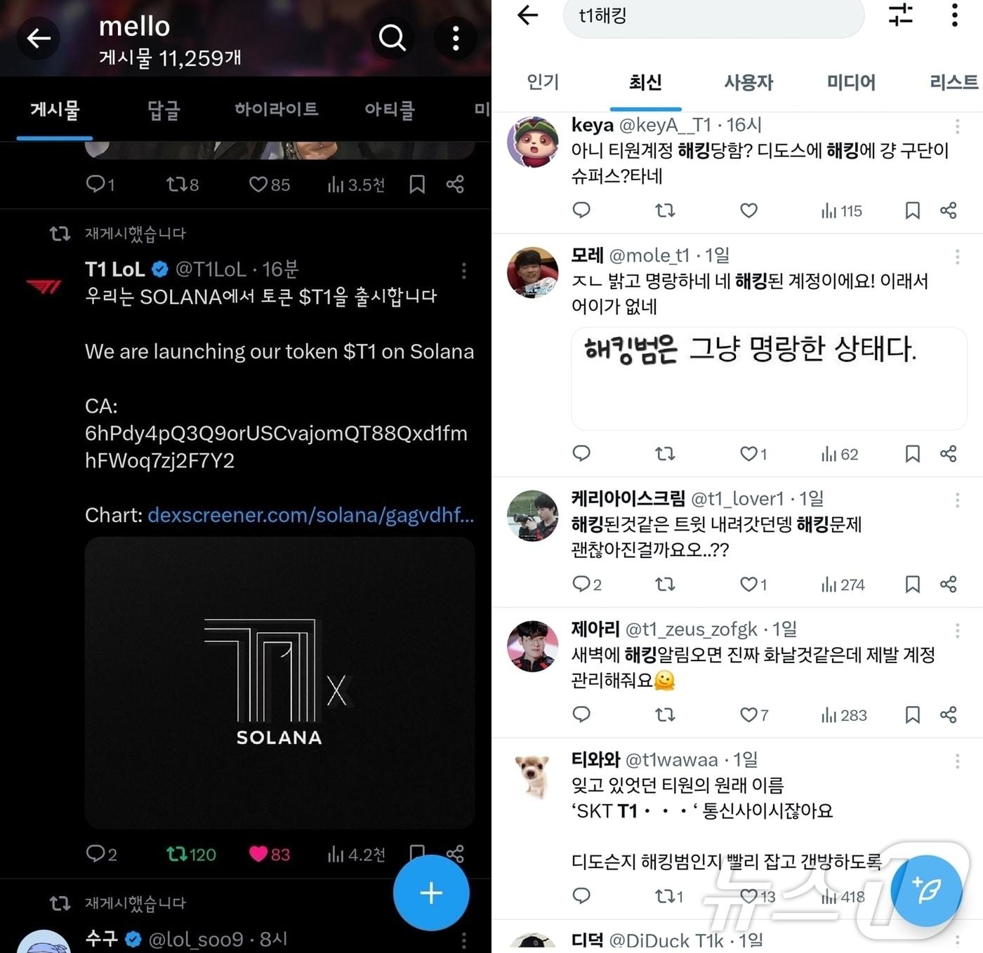 이달 3일 T1의 리그오브레전드&#40;LOL&#41; 공식 X 계정이 해킹되면서 암호화폐를 홍보하는 의심 게시물이 올라왔다. 이를 인지한 팬덤층의 보안강화 요구 목소리도 확인된다..&#40;T1 계정 갈무리&#41;/뉴스1