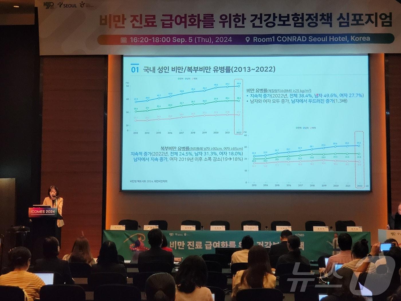 남가은 대한비만학회 보험법제위원회 위원&#40;고대구로병원 가정의학과 교수&#41;이 비만 진료 급여화를 위한 건강보험정책 심포지엄에서 발표를 하고 있다. 2024. 9. 5/뉴스1 ⓒ News1 황진중 기자