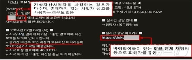 영업을 종료하는 가상자산 거래소가 늘어나는 현상이 발생하자 이를 이용해 가짜 거래소로 유인해 금품을 갈취하려는 수법이 담긴 스팸 문자. &#40;금융감독원 자료 제공&#41;