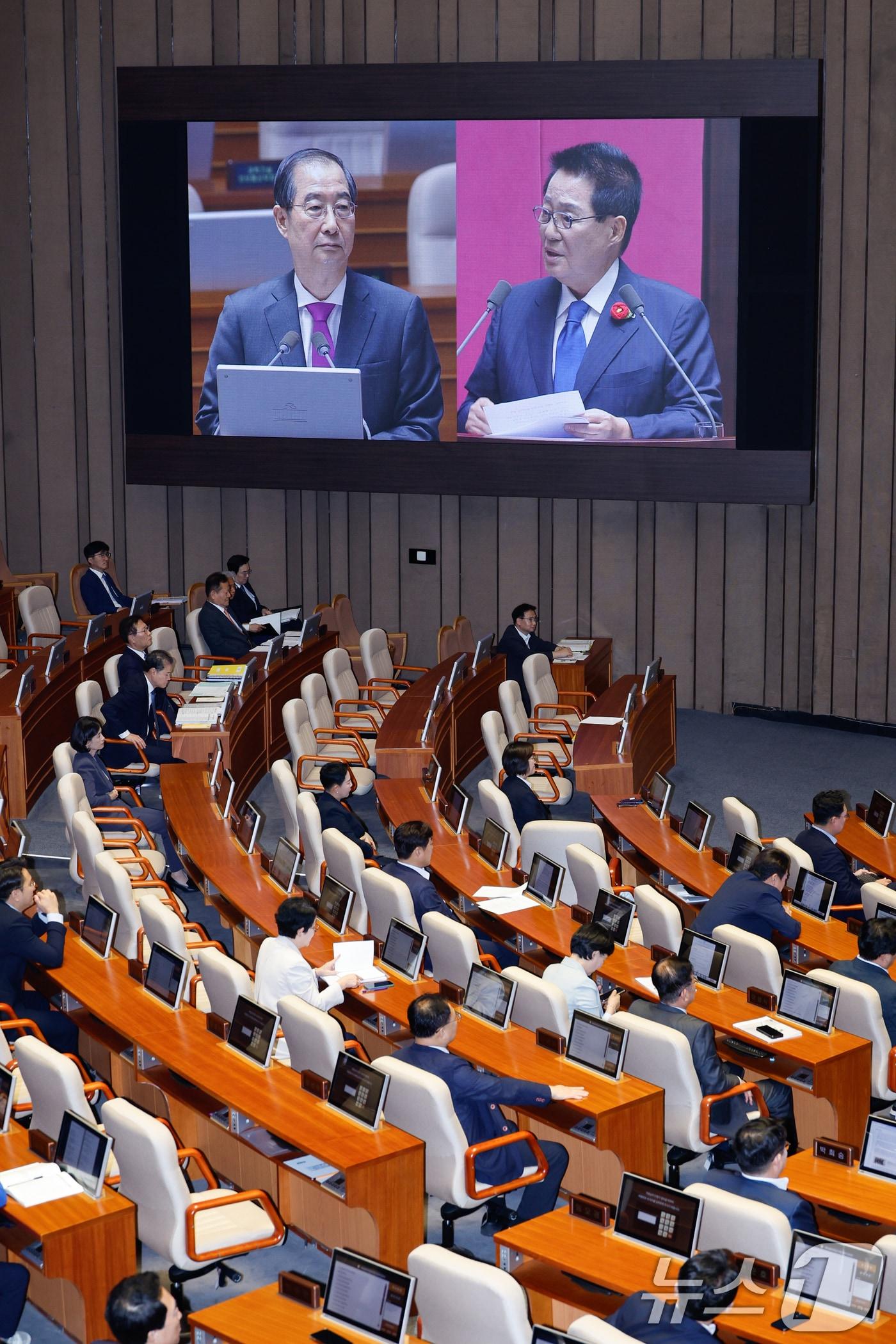 박지원 더불어민주당 의원이 지난 9월 9일 오후 서울 여의도 국회에서 열린 제418회국회&#40;정기회&#41; 제4차 본회의에서 한덕수 국무총리를 향해 정치 분야 대정부질문을 하고 있다. 2024.9.9/뉴스1 ⓒ News1 안은나 기자