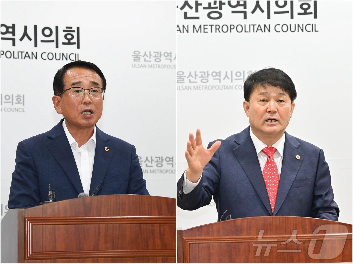 왼쪽부터 울산시의회 안수일 의원과 이성룡 의원이 각각 다른 날 시의회 프레스센터에서 기자회견을 열고 의장 재선거에 대한 대립된 의견을 주장했다.&#40;시의회 제공&#41;